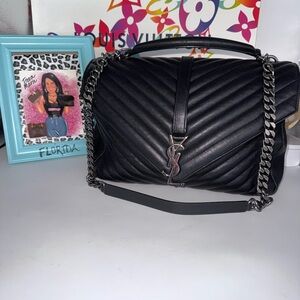 SOLD-Saint Laurent Black Quilted Leather Chain Shoulder Bag with Silver Hardware